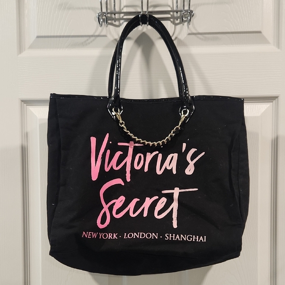 Victoria's Secret Handbags - Victoria's Secret Black Tote with Pink Script Logo